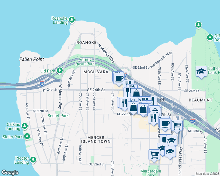 map of restaurants, bars, coffee shops, grocery stores, and more near 2273 74th Avenue Southeast in Mercer Island