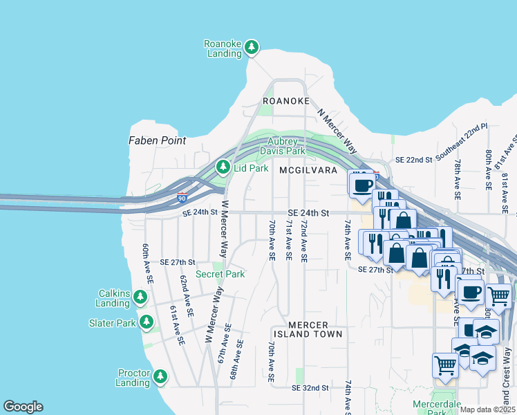 map of restaurants, bars, coffee shops, grocery stores, and more near 6612 Southeast 24th Street in Mercer Island