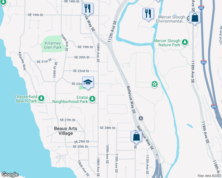 map of restaurants, bars, coffee shops, grocery stores, and more near 10926 Southeast 24th Place in Bellevue