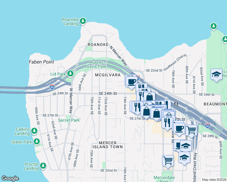 map of restaurants, bars, coffee shops, grocery stores, and more near 7215 Southeast 24th Street in Mercer Island