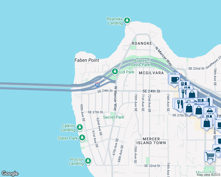 map of restaurants, bars, coffee shops, grocery stores, and more near 6415 Southeast 24th Street in Mercer Island
