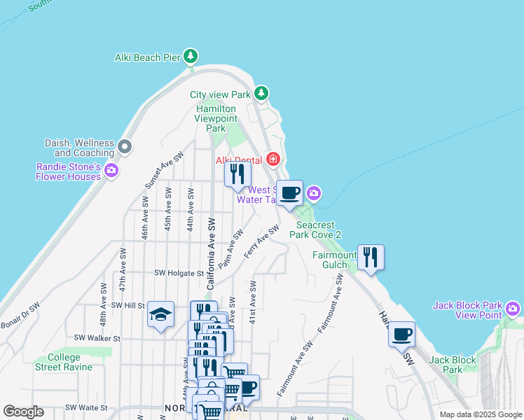 map of restaurants, bars, coffee shops, grocery stores, and more near 1604 Palm Avenue Southwest in Seattle