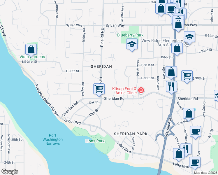 map of restaurants, bars, coffee shops, grocery stores, and more near 622 Sheridan Road in Bremerton