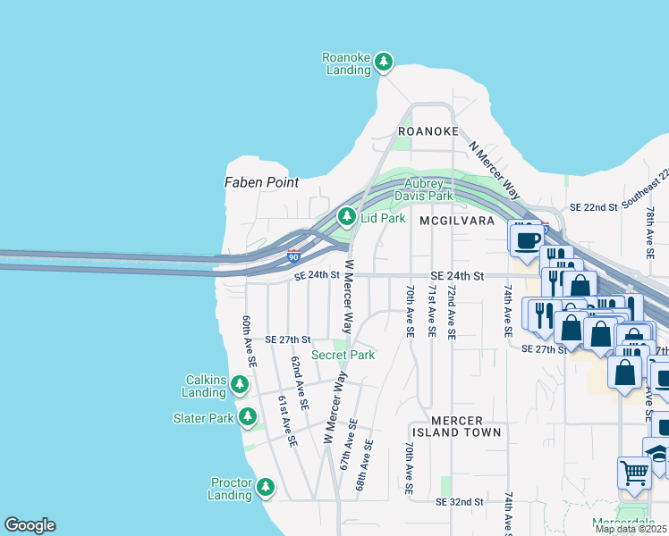 map of restaurants, bars, coffee shops, grocery stores, and more near 6415 Southeast 24th Street in Mercer Island