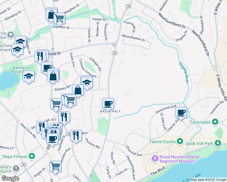 map of restaurants, bars, coffee shops, grocery stores, and more near 120 Logy Bay Road in St. John's