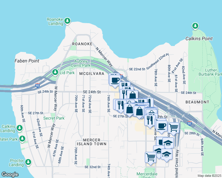 map of restaurants, bars, coffee shops, grocery stores, and more near 7416 Southeast 24th Street in Mercer Island