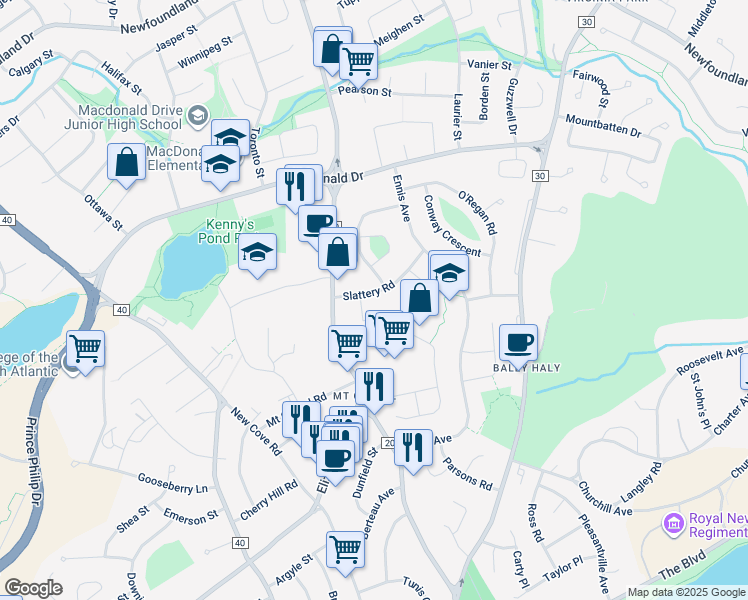 map of restaurants, bars, coffee shops, grocery stores, and more near 22 Slattery Road in St. John's