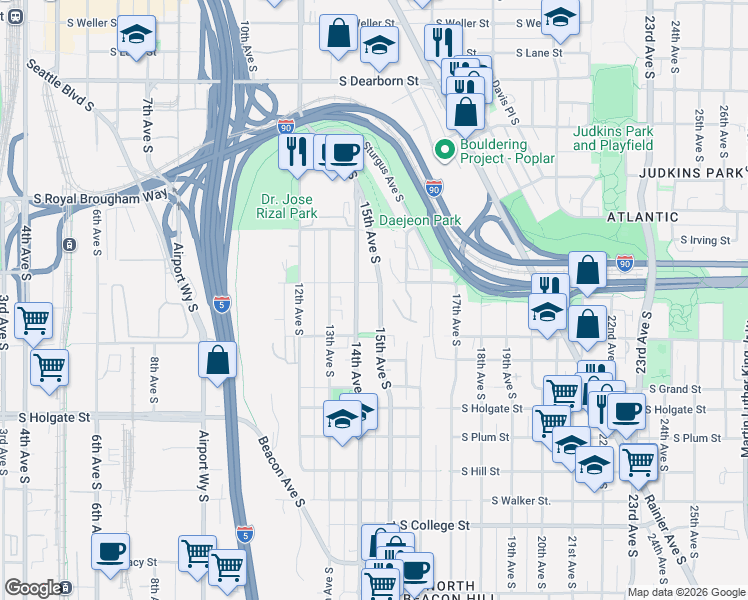 map of restaurants, bars, coffee shops, grocery stores, and more near 1530 14th Avenue South in Seattle