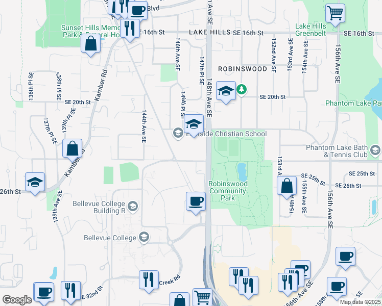 map of restaurants, bars, coffee shops, grocery stores, and more near in Bellevue