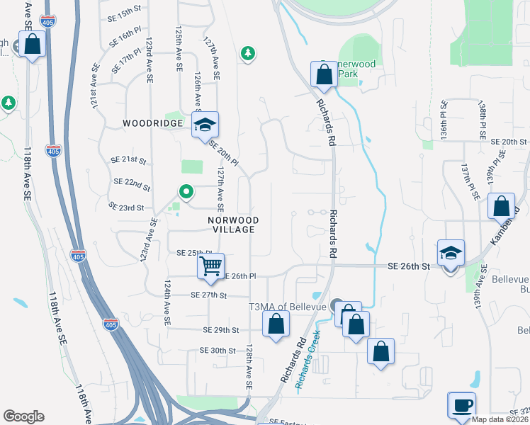 map of restaurants, bars, coffee shops, grocery stores, and more near 2404 128th Avenue Southeast in Bellevue