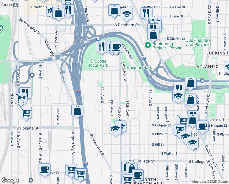map of restaurants, bars, coffee shops, grocery stores, and more near 1538 13th Avenue South in Seattle