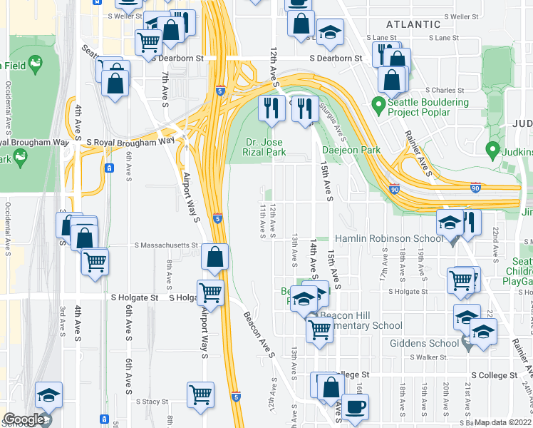 map of restaurants, bars, coffee shops, grocery stores, and more near 1533 12th Avenue South in Seattle