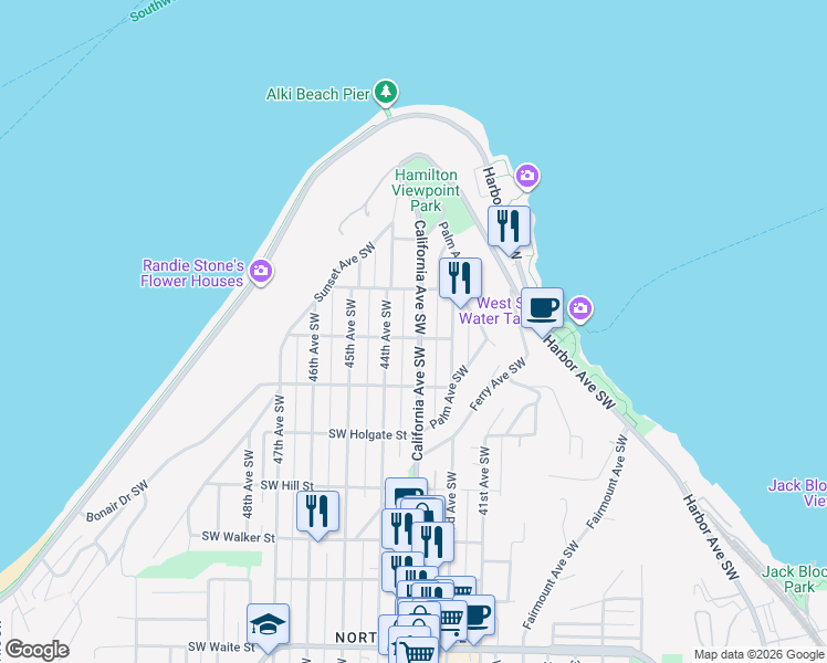 map of restaurants, bars, coffee shops, grocery stores, and more near 1609C California Avenue Southwest in Seattle