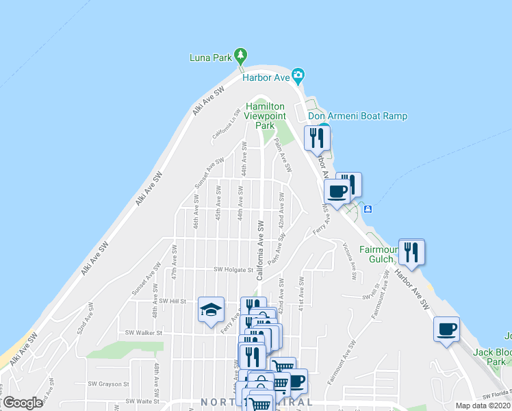 map of restaurants, bars, coffee shops, grocery stores, and more near 1609B California Avenue Southwest in Seattle
