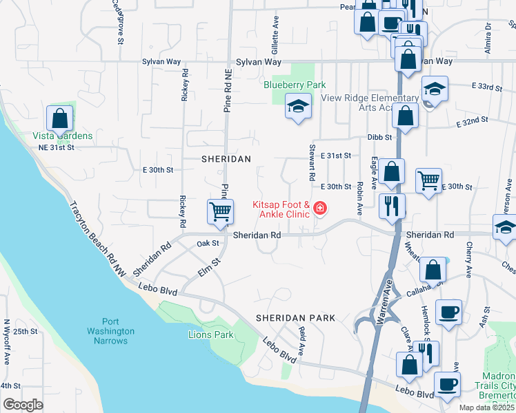 map of restaurants, bars, coffee shops, grocery stores, and more near 622 Sheridan Road in Bremerton