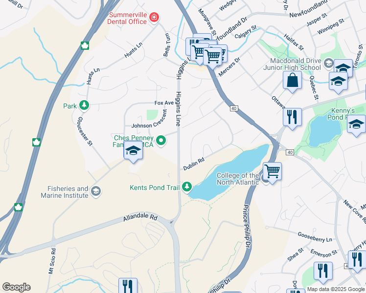 map of restaurants, bars, coffee shops, grocery stores, and more near 112 Higgins Line in St. John's