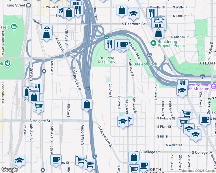map of restaurants, bars, coffee shops, grocery stores, and more near 1533 12th Avenue South in Seattle
