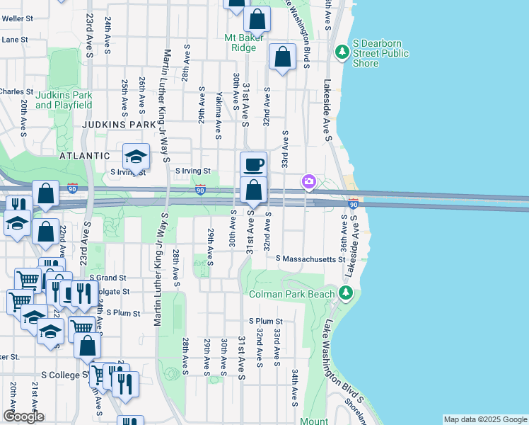 map of restaurants, bars, coffee shops, grocery stores, and more near 1513 32nd Avenue South in Seattle