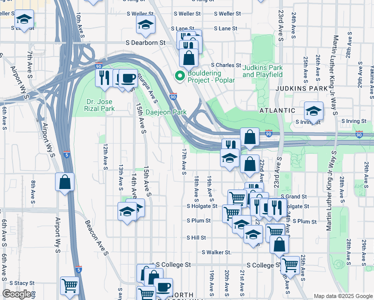 map of restaurants, bars, coffee shops, grocery stores, and more near 1533 18th Avenue South in Seattle