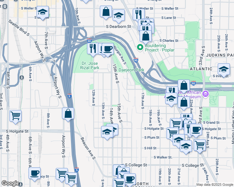 map of restaurants, bars, coffee shops, grocery stores, and more near 1530 14th Avenue South in Seattle