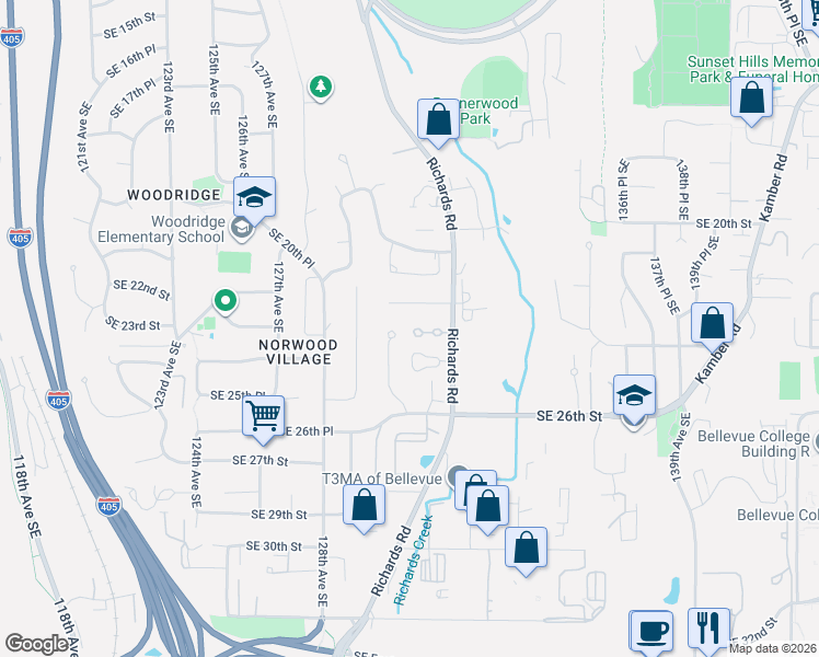 map of restaurants, bars, coffee shops, grocery stores, and more near 2405 132nd Avenue Southeast in Bellevue