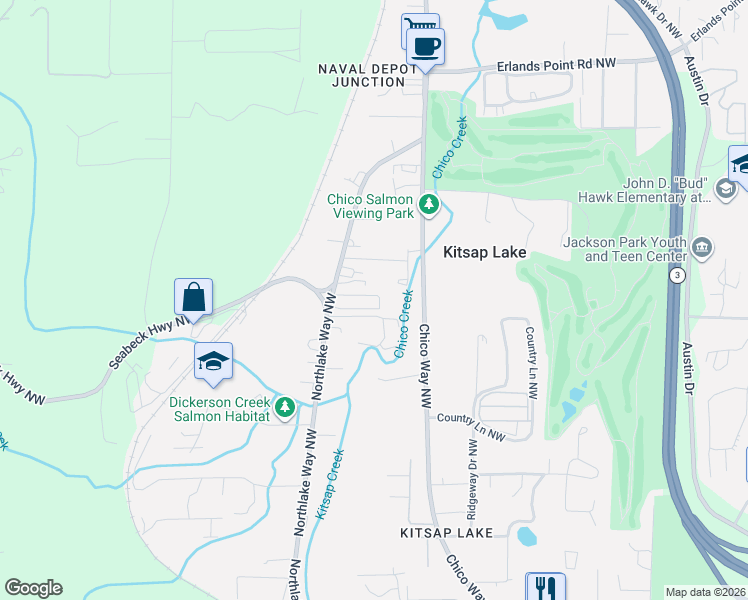 map of restaurants, bars, coffee shops, grocery stores, and more near 2906 Northlake Way Northwest in Bremerton