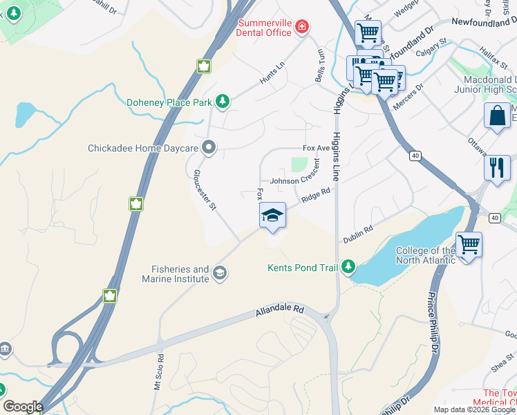 map of restaurants, bars, coffee shops, grocery stores, and more near 52 Ridge Road in St. John's