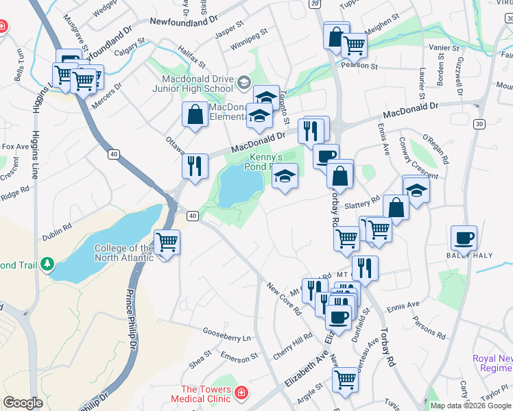 map of restaurants, bars, coffee shops, grocery stores, and more near 35 Tiffany Lane in St. John's