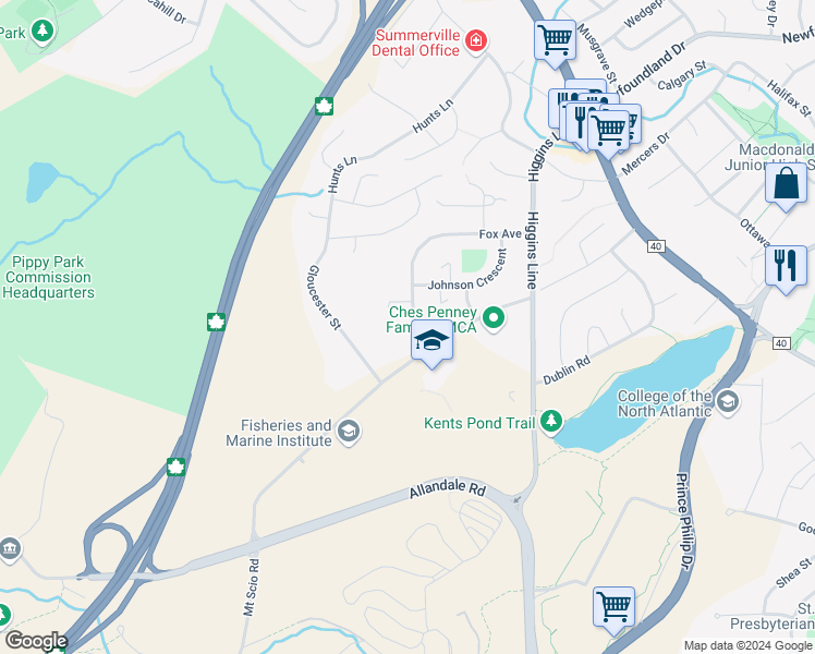 map of restaurants, bars, coffee shops, grocery stores, and more near 74 Fox Avenue in St. John's