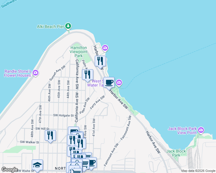 map of restaurants, bars, coffee shops, grocery stores, and more near Harbor Ave SW & California Way SW in Seattle
