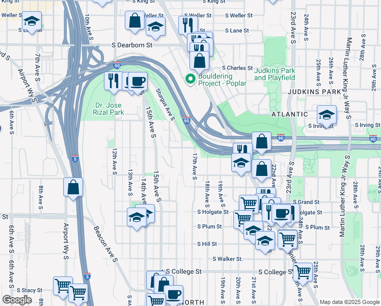 map of restaurants, bars, coffee shops, grocery stores, and more near 1530 Sturgus Avenue South in Seattle