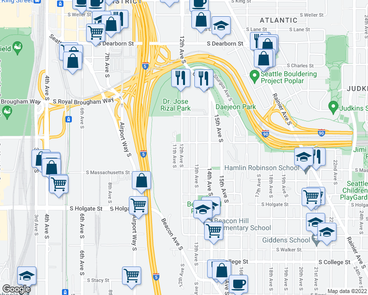 map of restaurants, bars, coffee shops, grocery stores, and more near 1533 12th Avenue South in Seattle