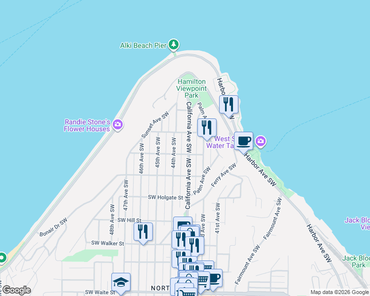 map of restaurants, bars, coffee shops, grocery stores, and more near 1609C California Avenue Southwest in Seattle