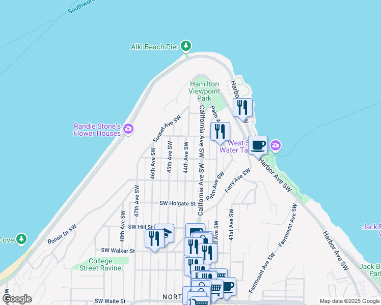 map of restaurants, bars, coffee shops, grocery stores, and more near 1609C California Avenue Southwest in Seattle