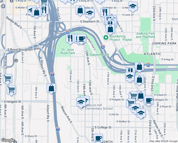 map of restaurants, bars, coffee shops, grocery stores, and more near 1332 14th Avenue South in Seattle