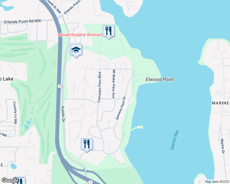 map of restaurants, bars, coffee shops, grocery stores, and more near 19-43 Myers Road in Bremerton