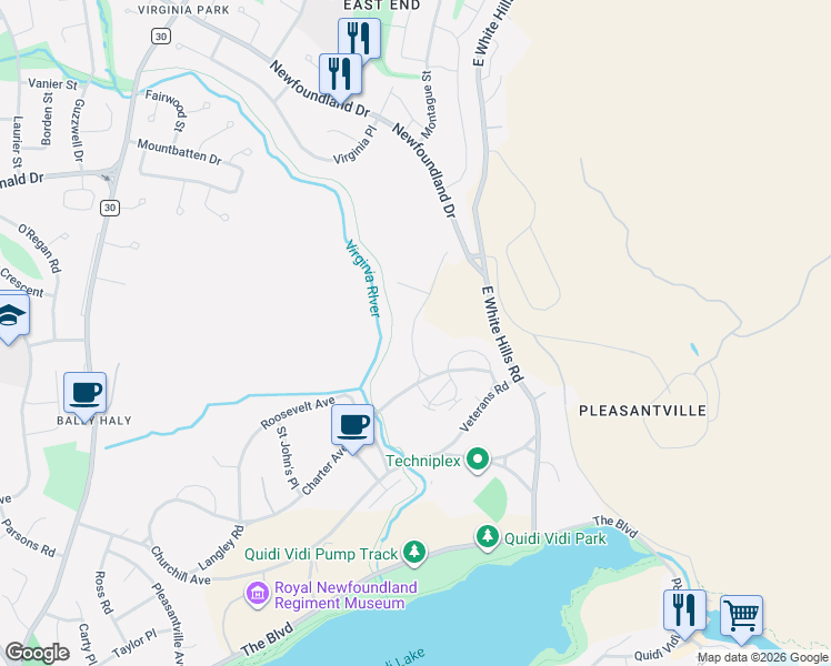 map of restaurants, bars, coffee shops, grocery stores, and more near 35 Janeway Place in St. John's