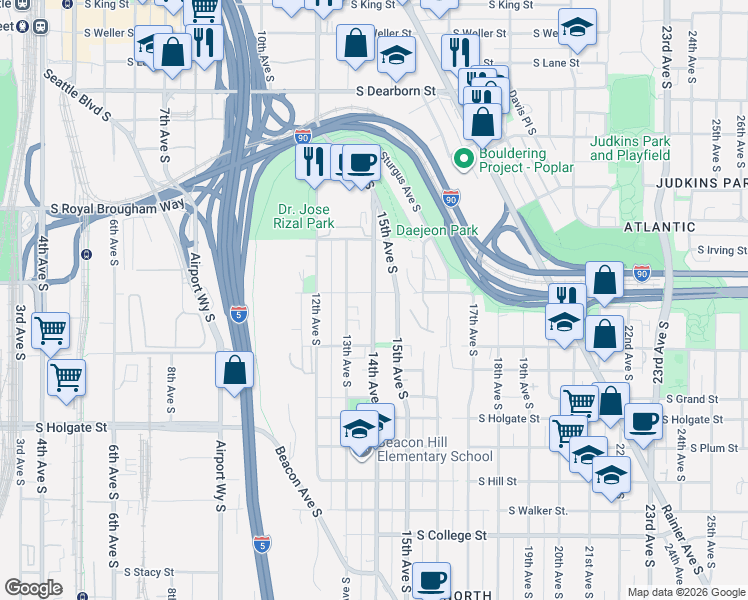 map of restaurants, bars, coffee shops, grocery stores, and more near 1332 14th Avenue South in Seattle