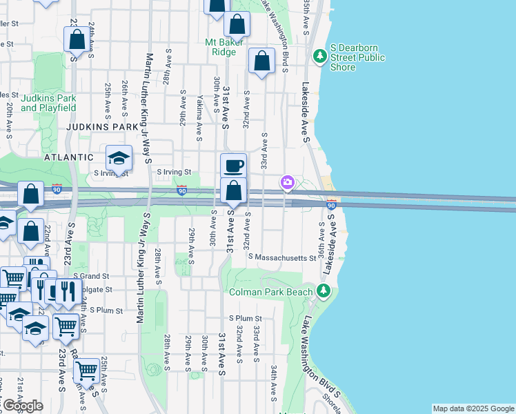 map of restaurants, bars, coffee shops, grocery stores, and more near 1365 33rd Avenue South in Seattle