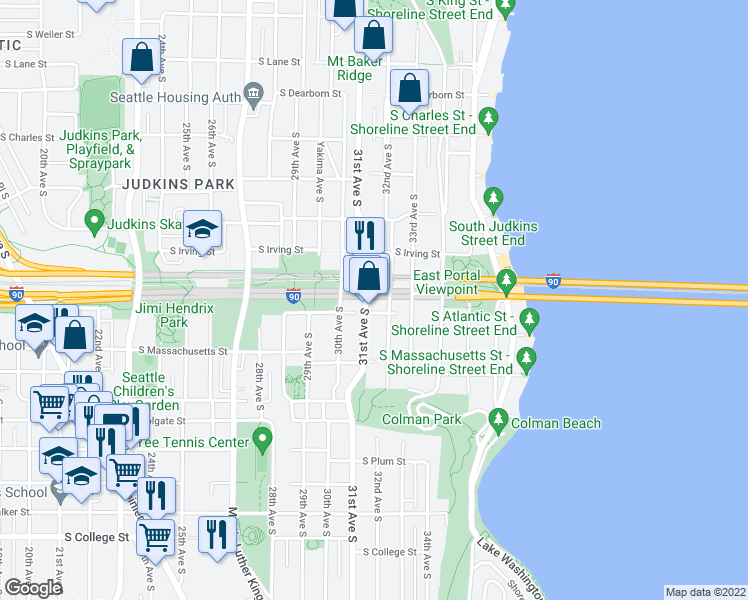 map of restaurants, bars, coffee shops, grocery stores, and more near 3104 South Day Street in Seattle