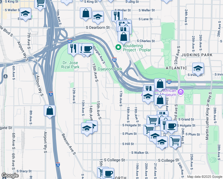 map of restaurants, bars, coffee shops, grocery stores, and more near 1350 Sturgus Avenue South in Seattle
