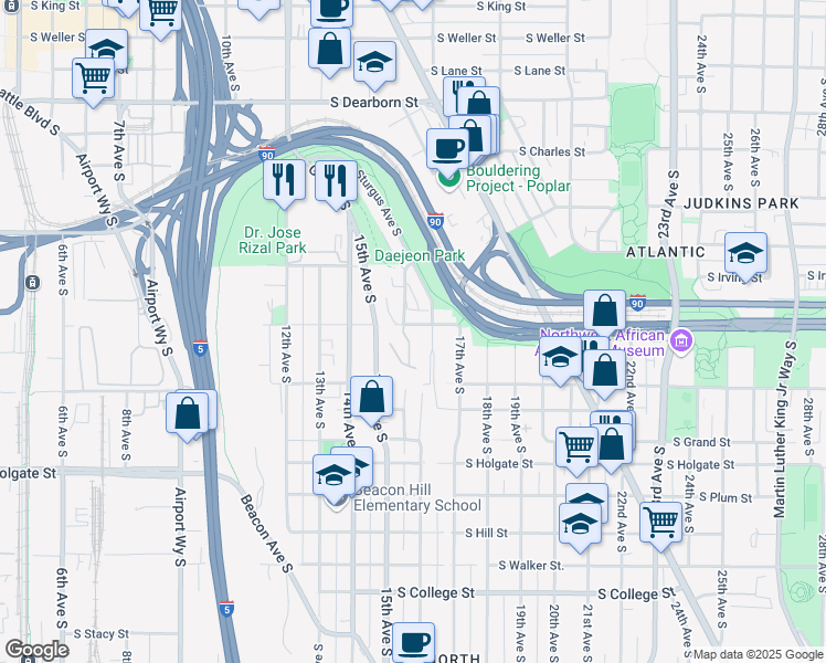 map of restaurants, bars, coffee shops, grocery stores, and more near 1341 16th Avenue South in Seattle