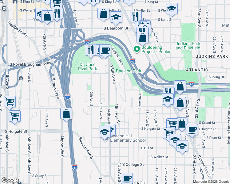 map of restaurants, bars, coffee shops, grocery stores, and more near 1332 14th Avenue South in Seattle