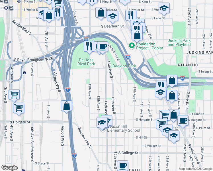 map of restaurants, bars, coffee shops, grocery stores, and more near 1332 14th Avenue South in Seattle