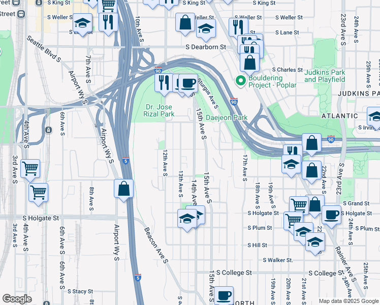 map of restaurants, bars, coffee shops, grocery stores, and more near 1332 14th Avenue South in Seattle