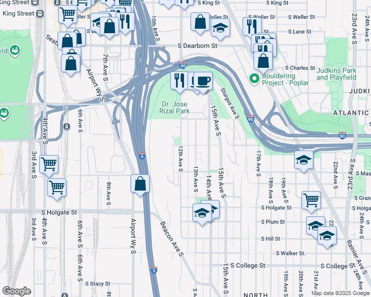 map of restaurants, bars, coffee shops, grocery stores, and more near 1429 12th Avenue South in Seattle
