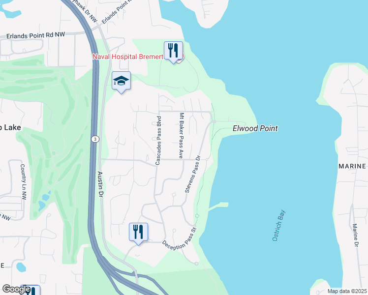 map of restaurants, bars, coffee shops, grocery stores, and more near 19-43 Myers Road in Bremerton