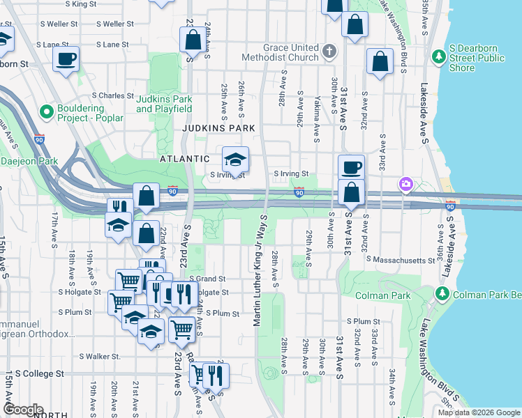 map of restaurants, bars, coffee shops, grocery stores, and more near 1400 Martin Luther King Junior Way South in Seattle