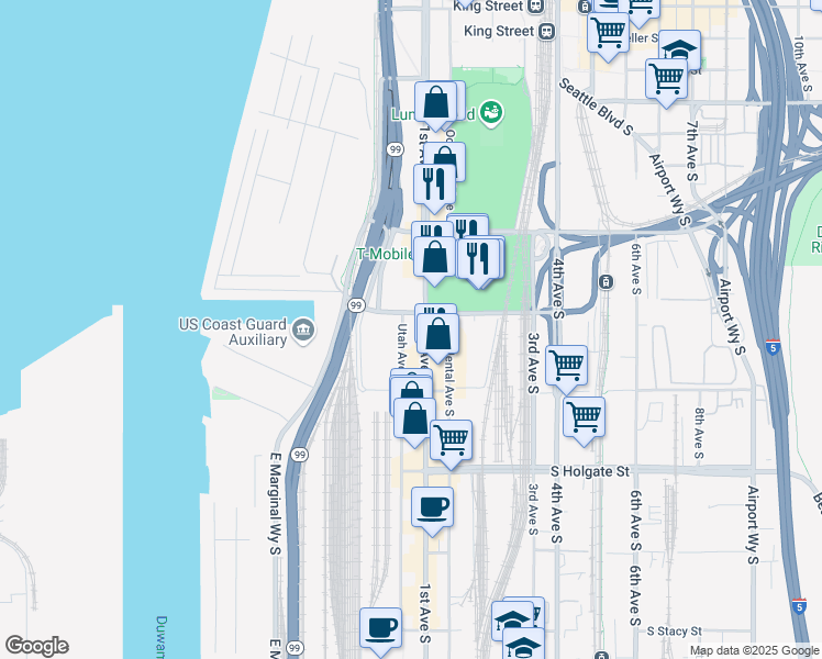 map of restaurants, bars, coffee shops, grocery stores, and more near 50-66 S Atlantic St in Seattle