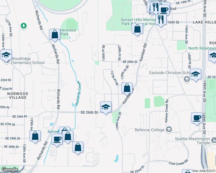map of restaurants, bars, coffee shops, grocery stores, and more near 2304 138th Avenue Southeast in Bellevue